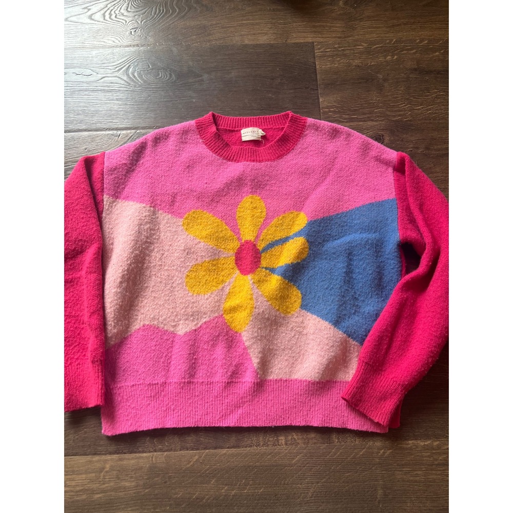 Dreamers by Debut Pink Colorblock Daisy Knit Sweater Small CC0118